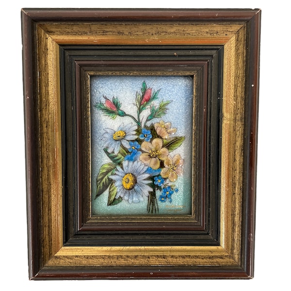 Vintage French Master Limoges Enamel Miniature Gold Framed Painting Forget Me Nots Flowers Wall Decor Collector Mid Century c1950's / EVE