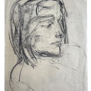 Vintage French Pencil Drawing Sketch Study Crocky Portrait On Paper Life Model Woman Female Art c1960-70&#39;s / EVE