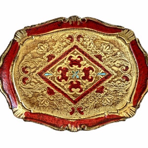Bandeja pequeña para servir estilo florentino italiano vintage, de madera roja dorada, ricamente decorada, con asas, década de 1970-1980 / EVE de France
