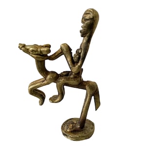 Vintage African Horse And Rider Brass Metal Figurine Statue Primitive Sculpture Cast Tribal Art Toy Decor Display c1980-90&#39;s / EVE