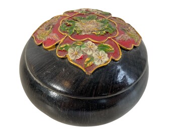 Vintage Asian Chinese Black Lacquer Small Storage Box Dish Bowl Phoenix Birds Flowers Jewellery Ring circa 1950-60's / EVE