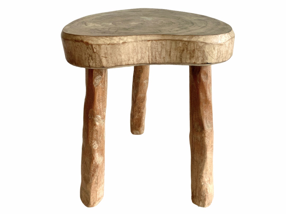 Vintage French Chunky Stool Wooden Brown Wood Small Milking Chair Stand ...
