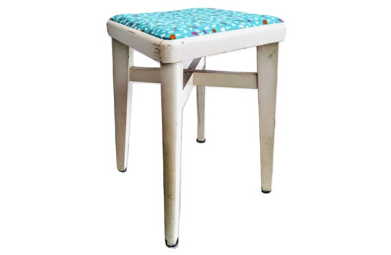 Vintage English Stool Painted White Wood Wooden Refurbished