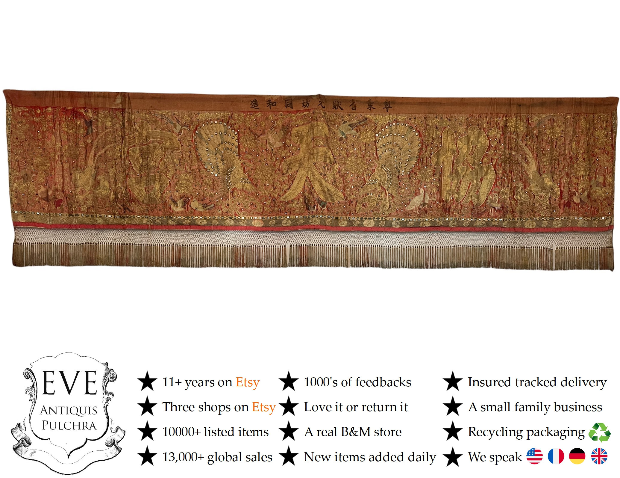 Antique Chinois Extra Large Cadeau de Mariage Tapisserie Broderie Château Célébration Vers 1850-1900