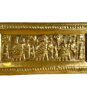 Vintage Indian Repousee With Elephants Brass Metal Hexagonal Plaque Decorative Wall Display circa 1980&#39;s / EVE