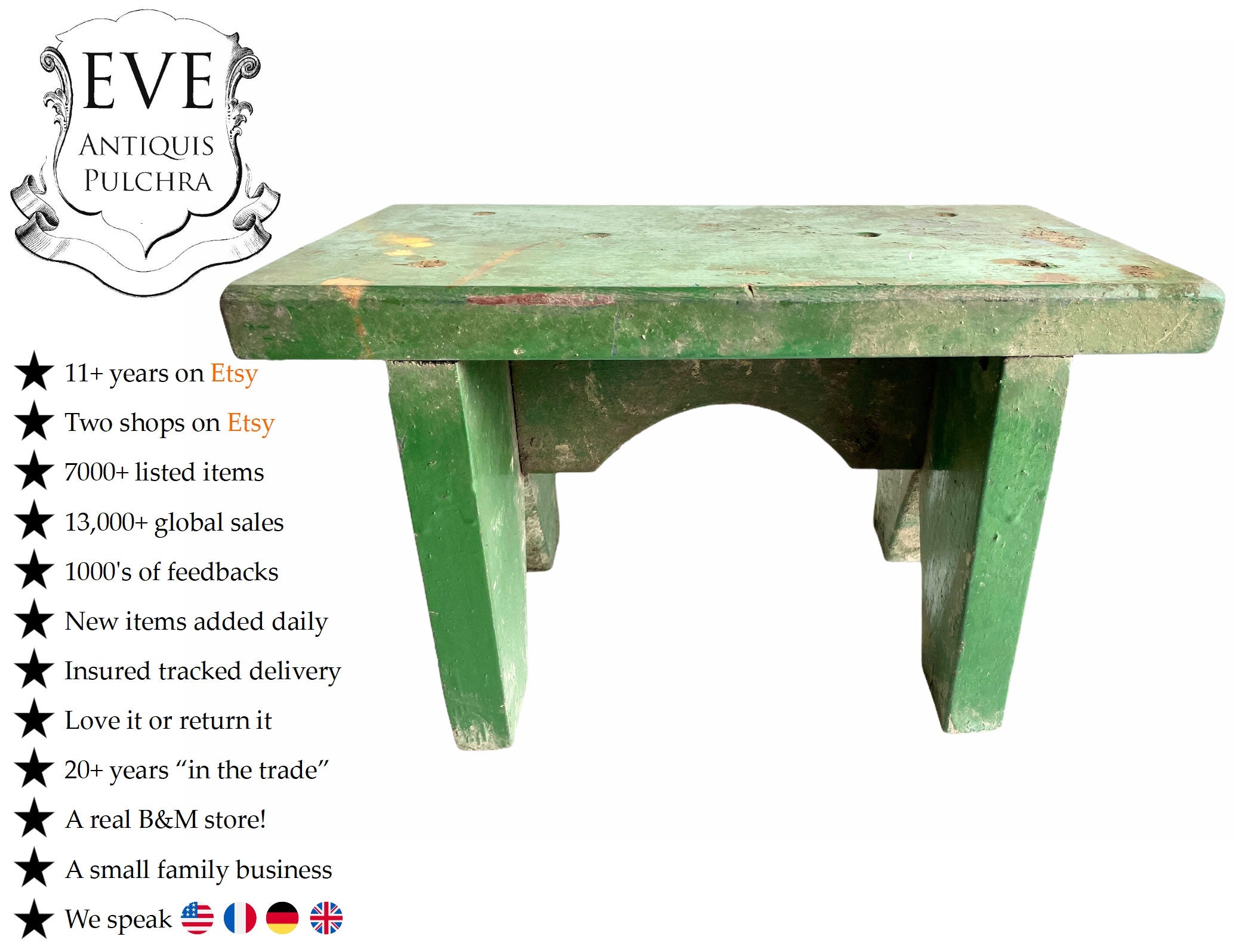 Vintage Français Green Bench Stand Plinth Tabouret Bois Marron Naturel Petite Chaise Affichage Repos