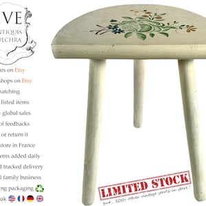 Vintage Stool French Traditional D Shaped Seat Hand Painted Long Leg Normandy Milking Chair Plant Pot Stand Plinth Tabouret c1960-70&#39;s / EVE