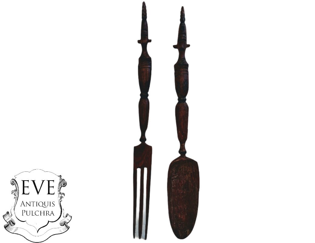 Vintage African Carved Wood Wooden Large Decorative Spoon & Fork Cutlery Wall Kitchen Decor Display 