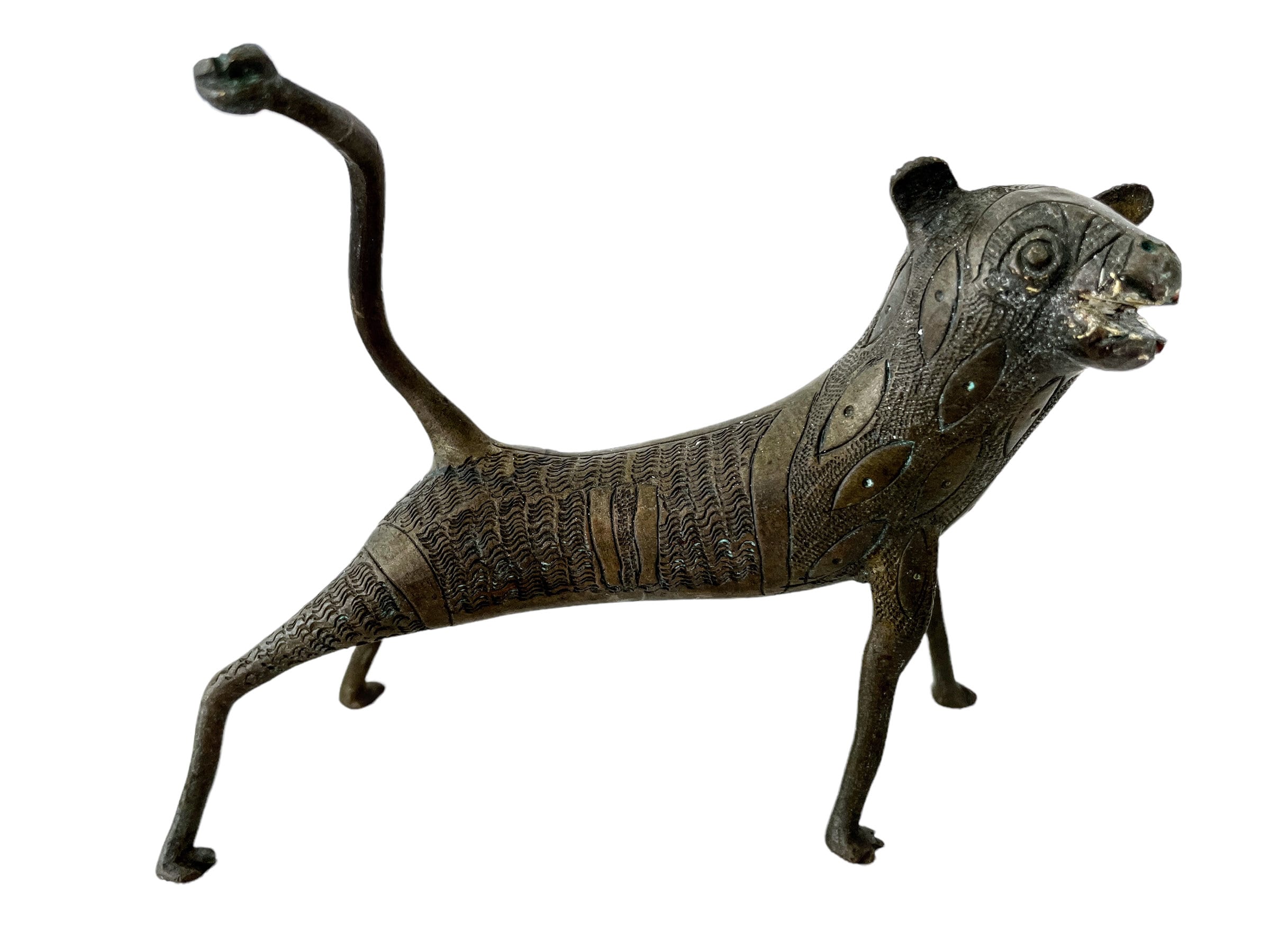 Vintage African Nigerian Benin Bronze Leopard Lion Big Cat Statue