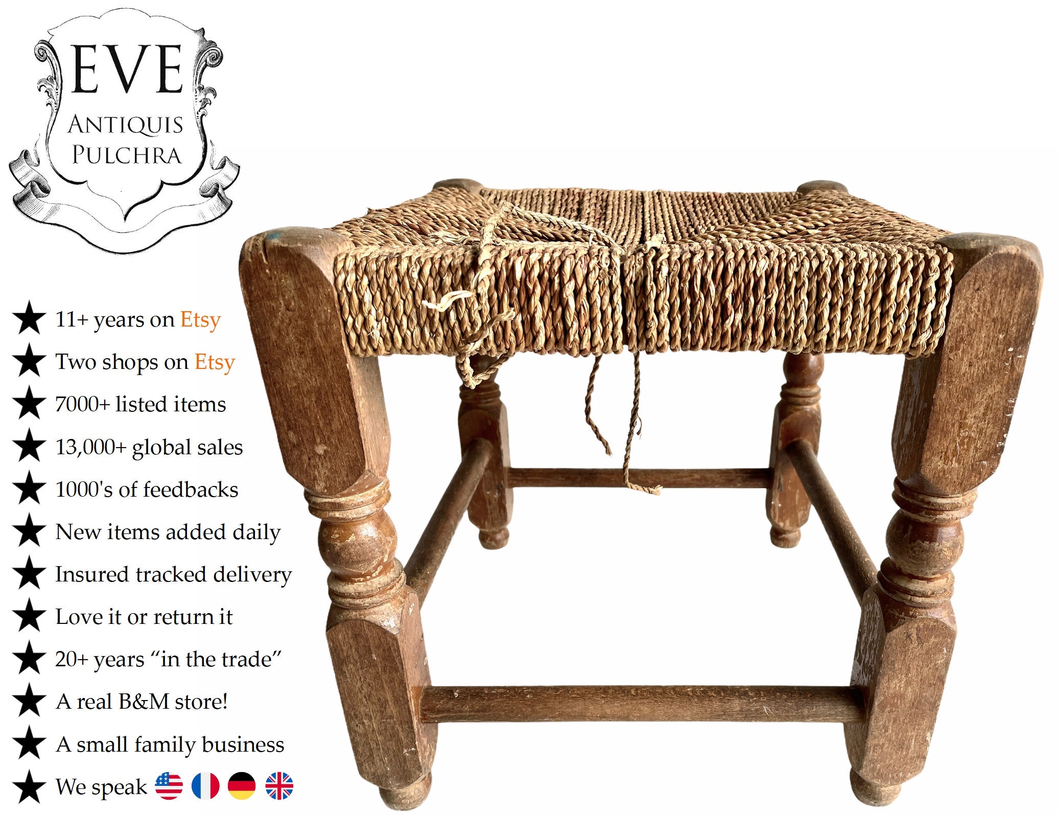 Vintage Français Bois Marron Naturel Tissé Ficelle Tabouret Chaise Stand Affichage Repos Socle Siège