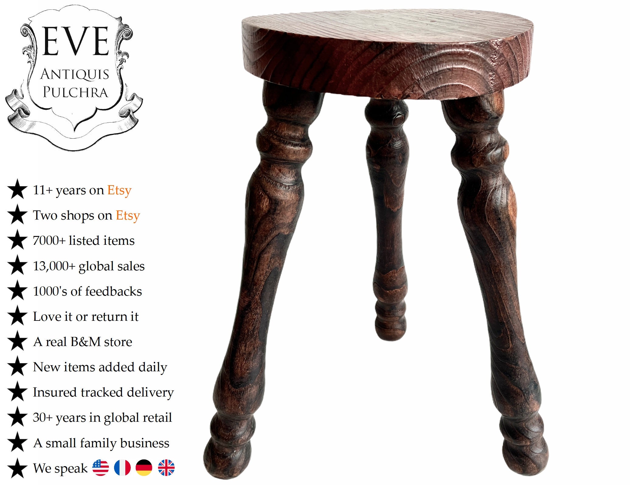 Vintage Français Tabouret Bois Marron Moyen Chaise de Traite Stand Affichage Repos Socle Sièges Prop