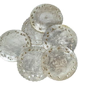 Antique Chinese Mother Of Pearl Circular Lattice Garden Scene Gaming Chip SOLD INDIVIDUALLY Counters Tokens Engraved c1800-1850&#39;s / EVE