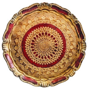 Bandeja pequeña para servir estilo florentino italiano vintage, de madera roja dorada de Florencia, ricamente decorada, con asas, década de 1960-1970 / EVE