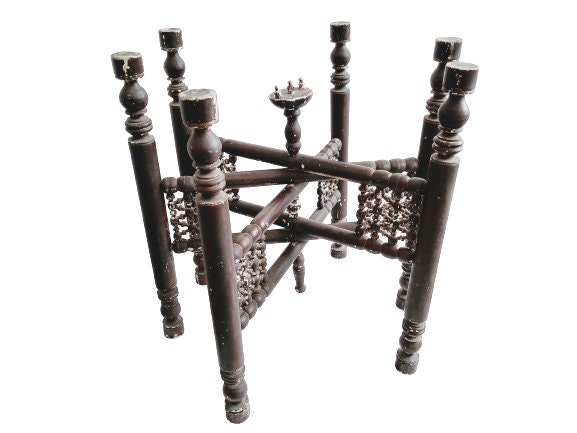 Vintage Marocain Arabe en Bois Table Pliante Tray Legs Brown Wood Brass Cuivre Platter Bowl Stand Su