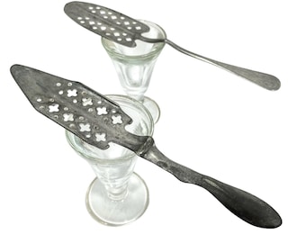 Antique French Set Of Two Mismatched Absinthe Glasses & Spoons Drinking Glass Display Ceremony Bar Decor c1900-20's / EVE