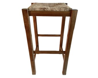 Vintage Rattan Tall Bar Stool French Wooden Wicker Brown Wood Woven Raffia Chair Seating String Woven Plinth Stand Pot c1970-80's / EVE