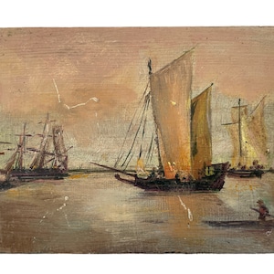 Antique French Sailing Boats &quot;Under Canvas&quot; Oil Painting On Wood Board Wall Decor Decoration c1910&#39;s / EVE