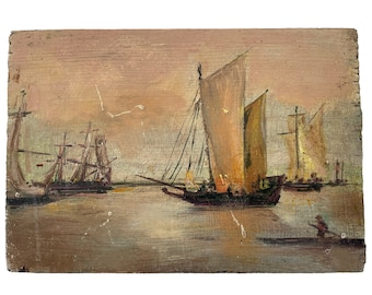 Antique French Sailing Boats "Under Canvas" Oil Painting On Wood Board Wall Decor Decoration c1910's / EVE