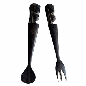 Vintage African Carved Ebony Wood Wooden Large Decorative Spoon And Fork Cutlery Wall Kitchen Decor Display c1970-80&#39;s / EVE de France