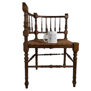 Vintage French Wooden Brown Wood Woven Raffia Work Bobbin Corner Chair Stand Display Rest Plinth Seating Tabouret c1910-1920&#39;s / EVE