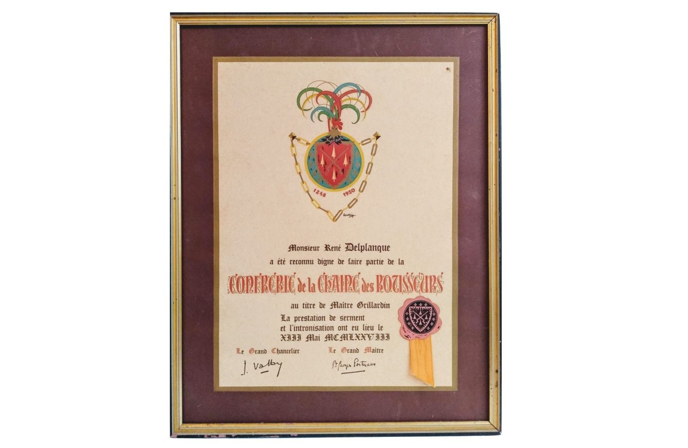 Vintage Français Framed Certificate Confederation Of Meat - Pattiseries Grill Master Display Wall De