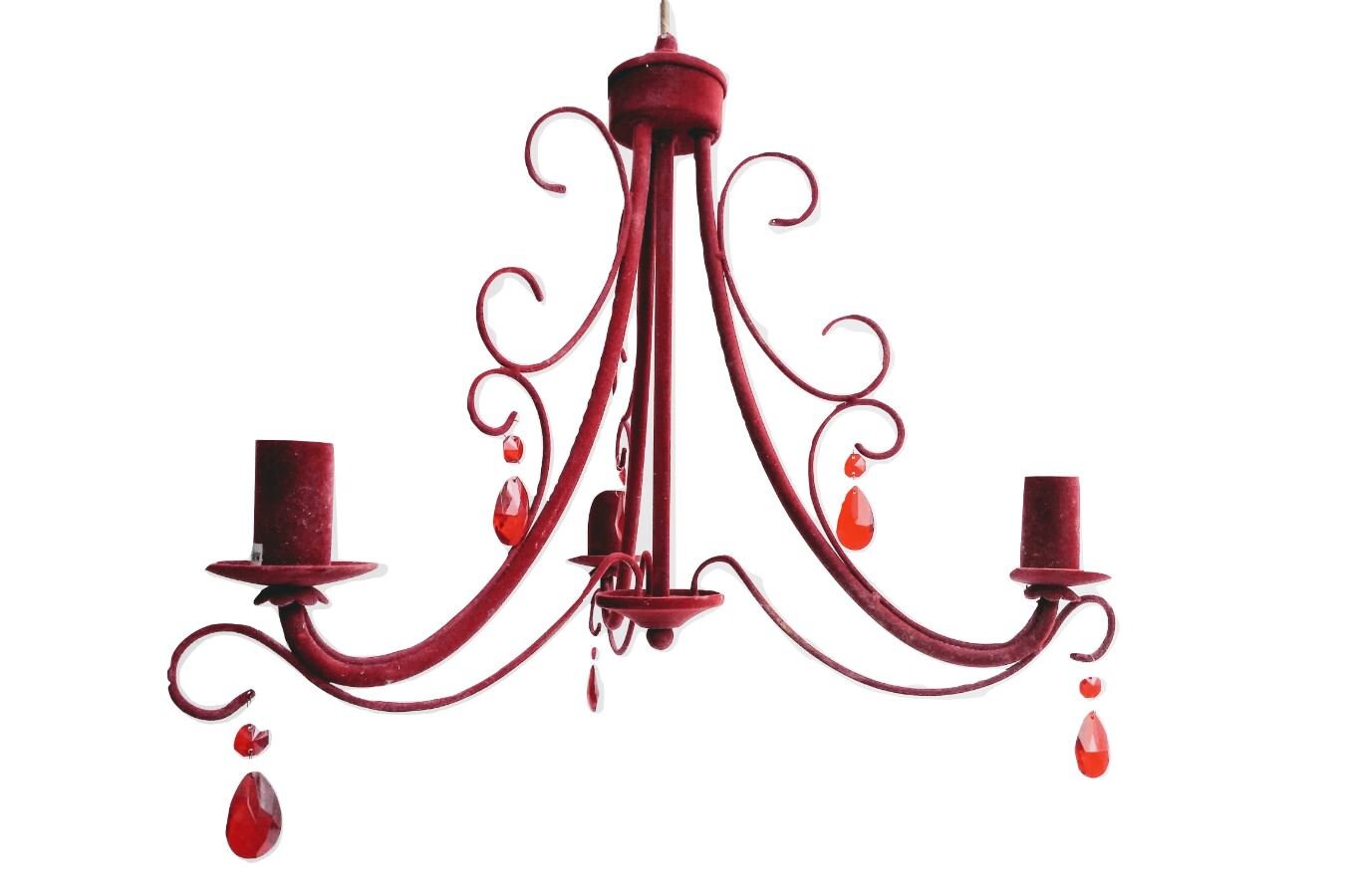 Vintage Français Red Boudoir Velvet Hanging Chandelier Pendant Lamp Three Electric Light Lantern Can