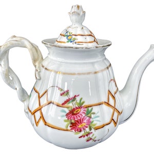 Antique French Tea Pot Porcelain Ceramic White Gold Green Red Flowers Branch Handled Teapot Container Storage Prop c1910&#39;s / EVE