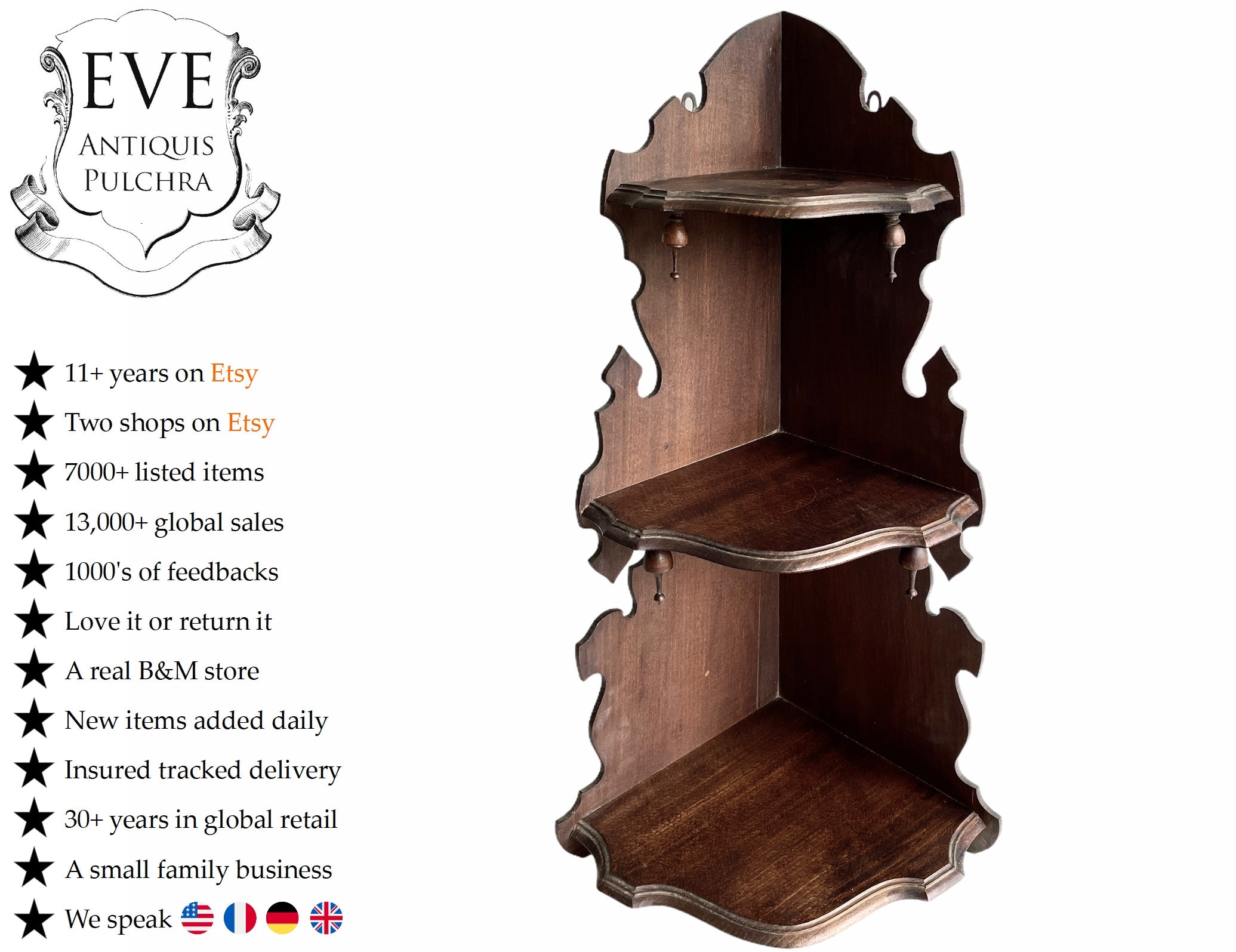 Vintage Français Bois Brun Foncé Naturel Coin Étagère Étagères Mur Stand Affichage Socle Circa 1950-