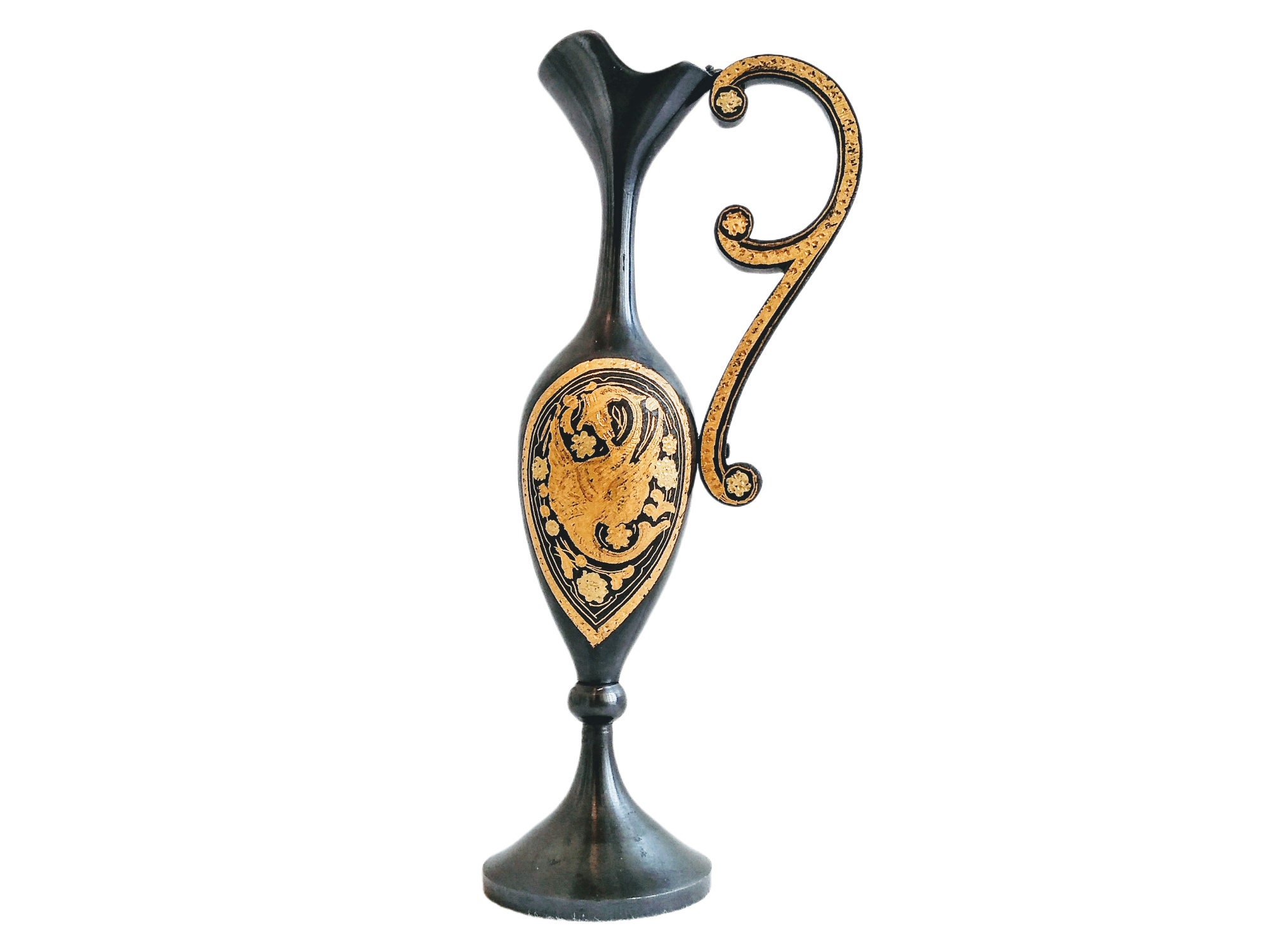 Vintage Gold Black Metal Dragon Vase Finement Détaillé Onyx Colored Miniature Collectors Item C1970'