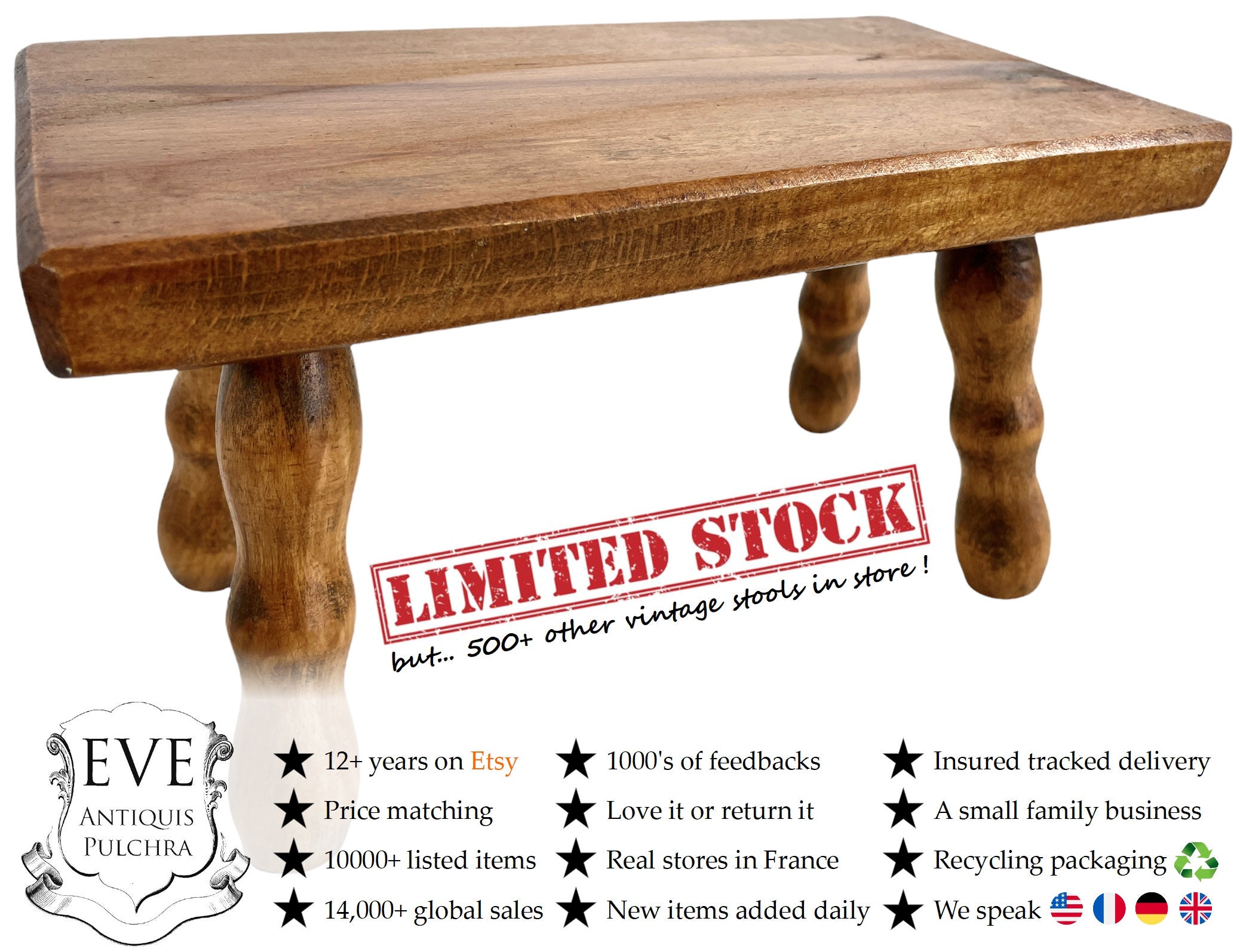 Vintage Français Banc Bobbin Tabouret Bois Marron Naturel Petit Stand Chaise Affichage Repose-Pieds 