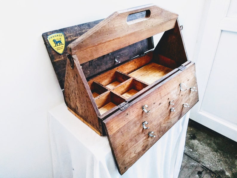 Vintage French Hand Made Wooden Wood Craft Tool Portable Carry Carrying Case Box Carry Stand Display Toolbox circa 1940-50's / EVE de France image 10