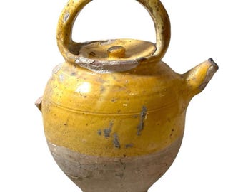 Antique French Confit Oil Pot Yellow Glazed Terracotta Clay Pot Farmhouse Garden Indoor Planter Prop Decor Display c1900’s / EVE