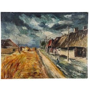 Vintage French Original Watercolour Countryside Painting On Textured Wood Board Woman Cottage Wheat Field circa 1950&#39;s / EVE
