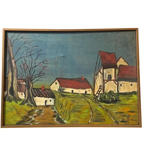 Vintage French Field Farmhouse Landscape Textured Canvas Framed Acrylic Original Painting Art Signed circa 1950&#39;s / EVE