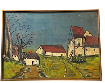 Vintage French Field Farmhouse Landscape Textured Canvas Framed Acrylic Original Painting Art Signed circa 1950's / EVE