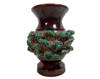 Vintage French 3D Green Brown Mid Century Modern Ceramic Vase Urn Pot Decor Design France c1950-60's / EVE