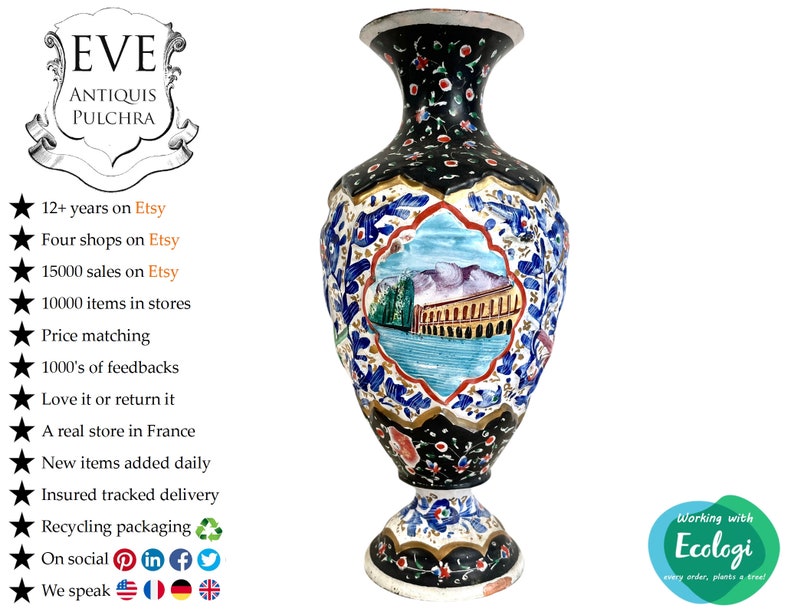 Vintage Middle Eastern Hand Painted Copper Vase Ornate Decorative Ceremony Eid c1970-80's / EVE image 1