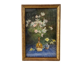 Antique French Small Miniature Framed Painting Of Flowers In Vases Wall Decor Collector c1910's / EVE