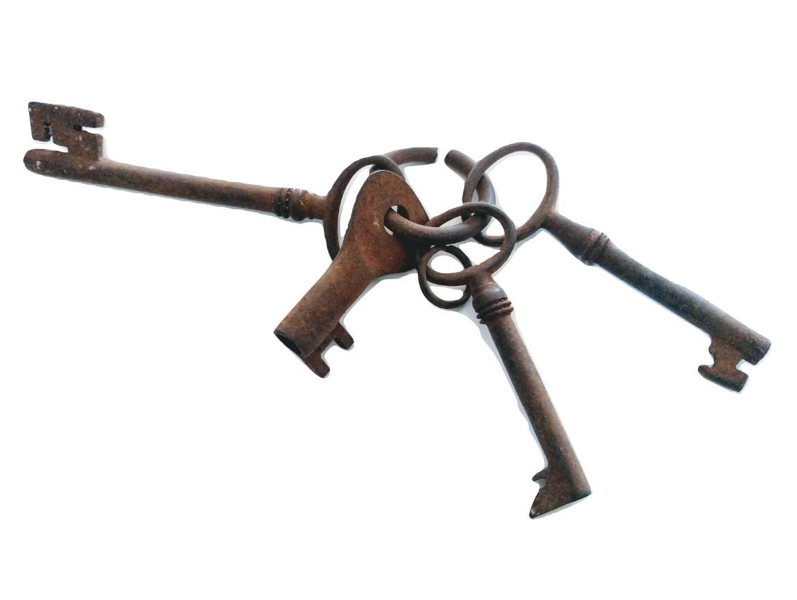 Antique Français Medium Rusty Iron Key Collection Tel Que Trouvé sur Le Tiroir Original Keyring Tiro