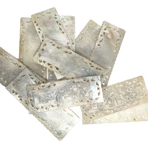 Antique Chinese Mother Of Pearl Rectangular Lattice Garden Scene Gaming Chip SOLD INDIVIDUALLY Counters Tokens Engraved c1800-1850&#39;s / EVE