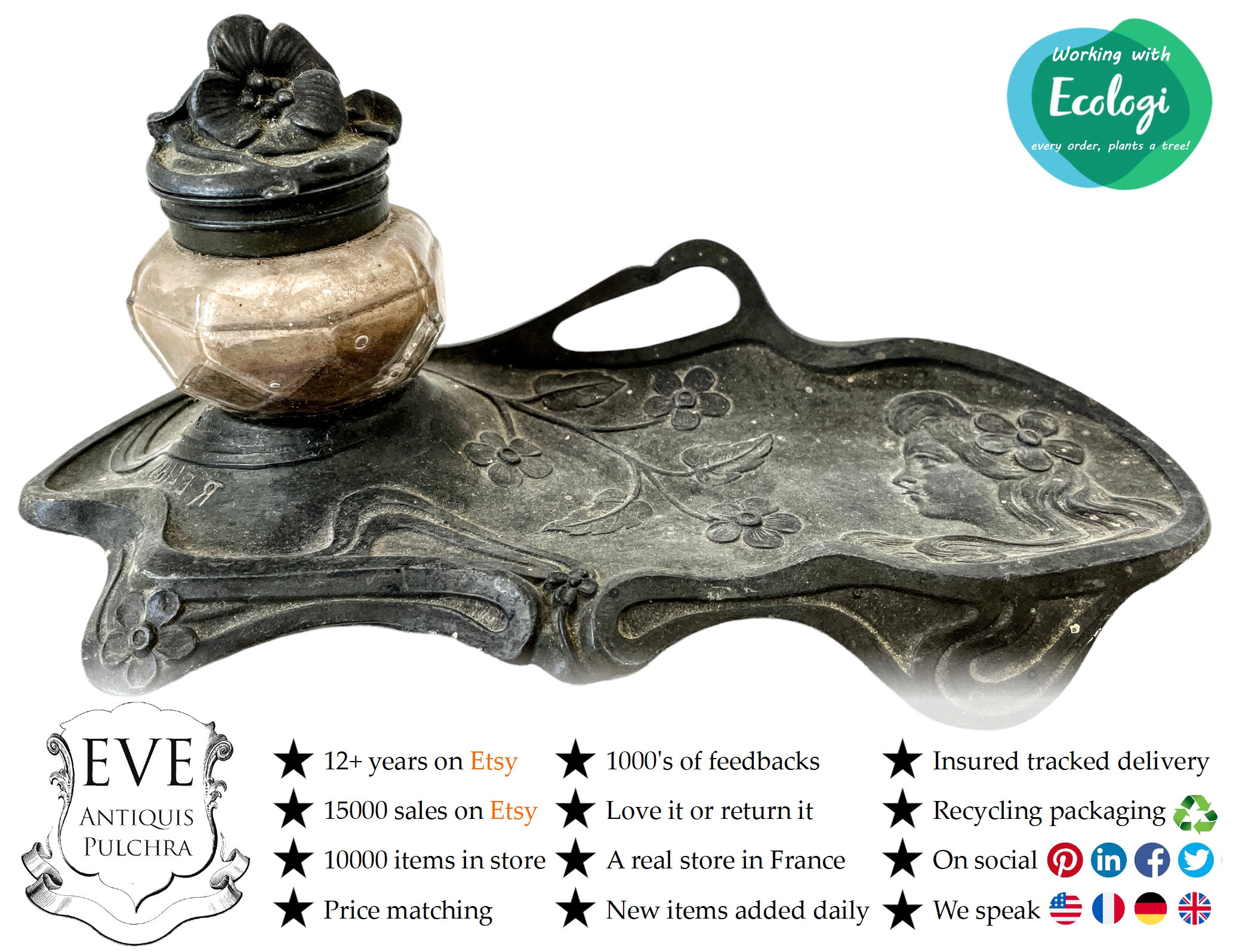 Antique Français Fonte Étain Spelter Pen Crayon Encre Stand Repos Affichage Bois Bureau Tidy Organis