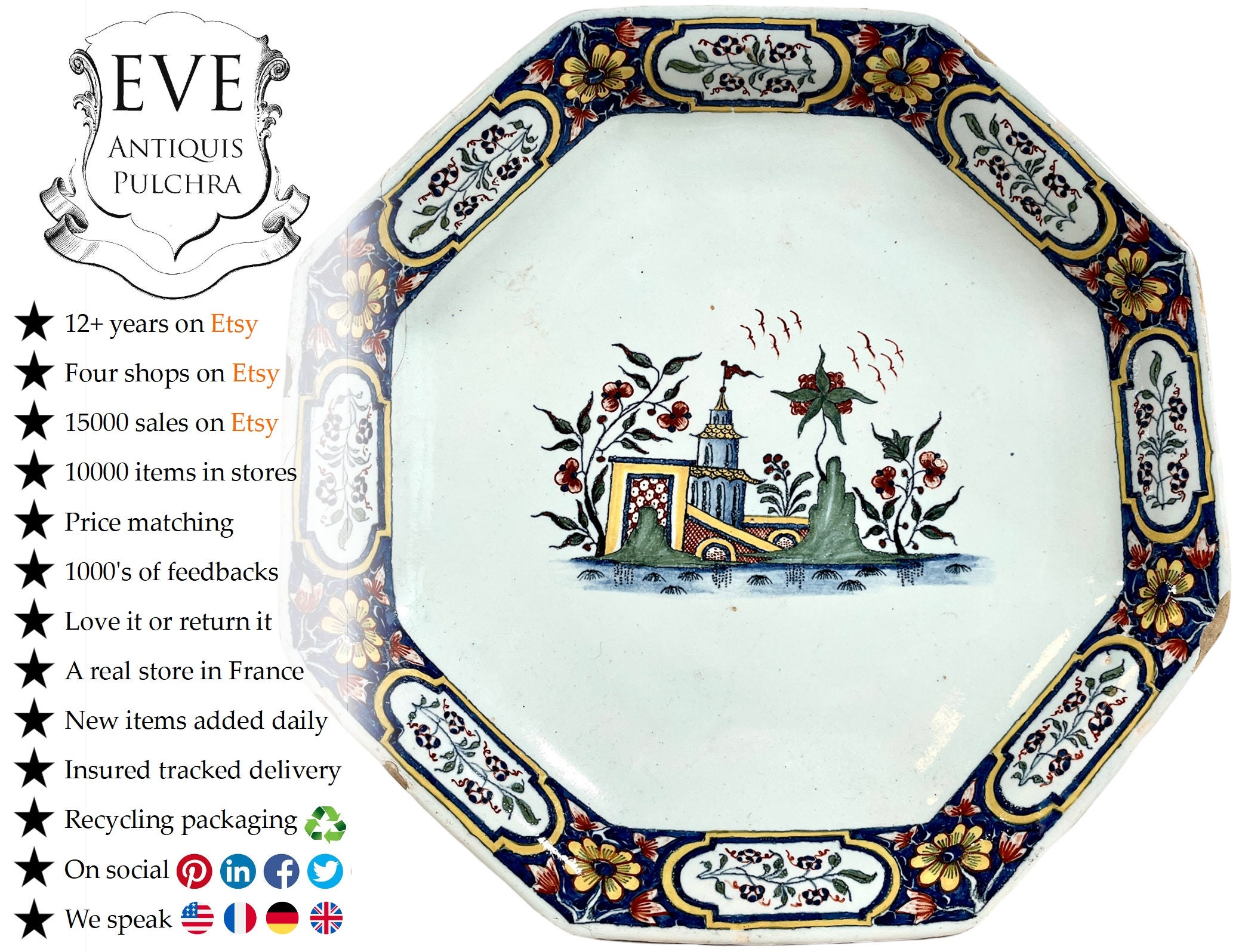 Antique Français Faience Chinoiserie Assiette Plat Serveur Décoratif Vernissé Faïence Céramique Blan