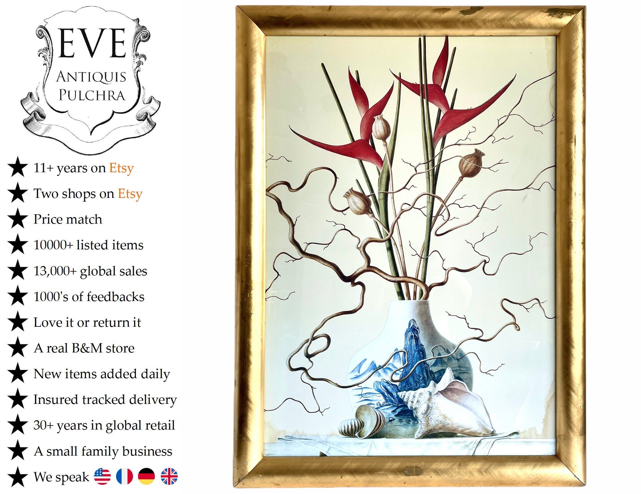 Vintage Néerlandais Grand Encadré Ruud Verkerk Art Print d'un Vase Chinois Coquille Fleur Dans Cadre