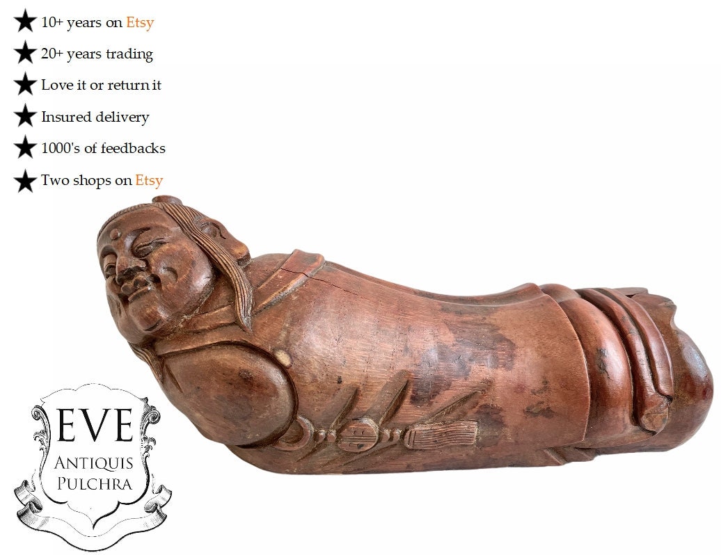 Antique Chinois Sculpté Tête de Coussin Couchage Bouddha Sculpture Ornement Home Décor Collector Ver