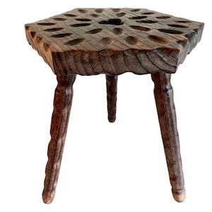 Vintage French Clover Leaf Lucky Carved Stool Wooden Brown Wood Small Milking Chair Stand Display Rest Plinth Seating Tabouret c1960&#39;s / EVE