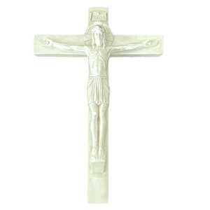 Vintage French Crucifix White Plaster Crucified Christ Catholic Church Chapel Cross Religious Symbol Jesus c1970&#39;s / EVE