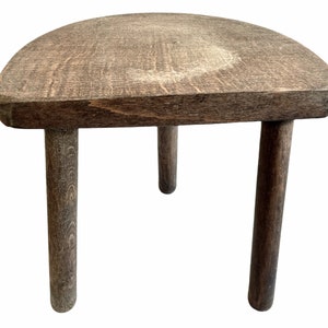 Vintage French D Seat Milking Stool Wooden Brown Wood Small Chair Stand Display Rest Plinth Seating Plant Prop Tabouret c1960-70&#39;s / EVE