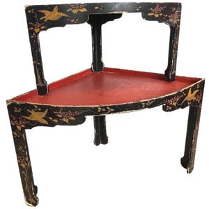 Antique French Light Wood Painted Red Black Ornate Corner Shelf Unit Side Table Display Stand Storage Worn Wear c1900&#39;s / EVE