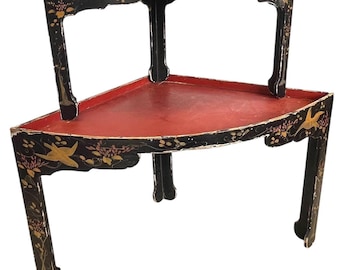 Antique French Light Wood Painted Red Black Ornate Corner Shelf Unit Side Table Display Stand Storage Worn Wear c1900's / EVE