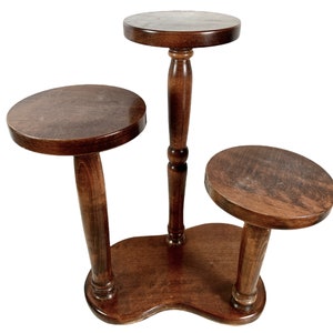 Vintage French Triple Pot Stand Wooden Natural Wood Large Flower Plant Ornament Plinth Display Side Table Stool Tabouret c1970-80&#39;s / EVE
